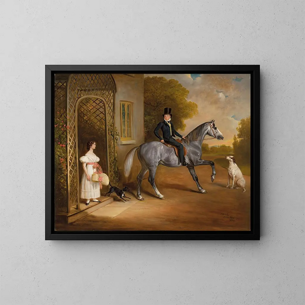 Meister John Marriott auf einem grauen Pferd mit seiner Schwester Annis und ihren Hunden vor den Ulmen in Cropwell Butler - John Ferneley — gerahmtes Bild an der Wand