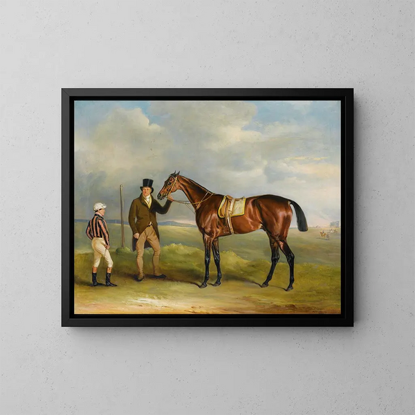 Der Chor des Marquis von Cleveland, Sieger des St Leger 1831, gehalten von seinem Trainer John Smith mit dem Jockey John Bartham, Tag in Doncaster - John Ferneley — gerahmtes Bild an der Wand