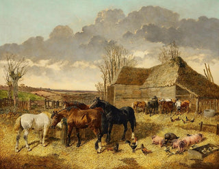 von Pferden, die in einer Futterkrippe mit Schweinen und Hühnern in einem Bauernhofhof fressen - John Frederick Herring Jr. — Ansicht des Kunstwerks