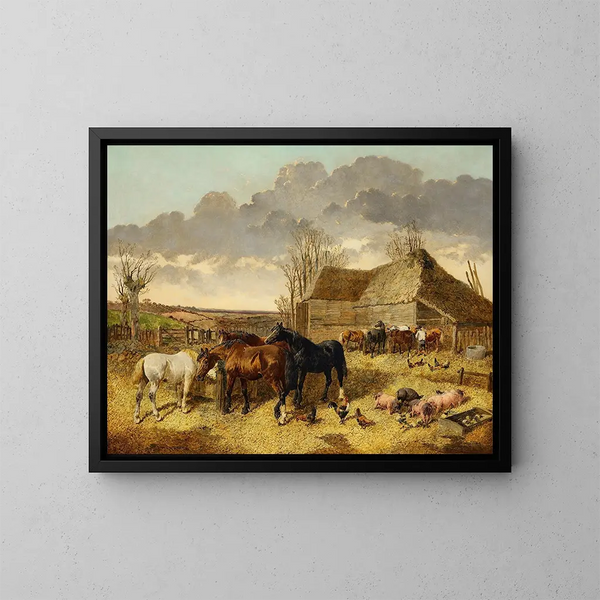 von Pferden, die in einer Futterkrippe mit Schweinen und Hühnern in einem Bauernhofhof fressen - John Frederick Herring Jr. — gerahmtes Bild an der Wand