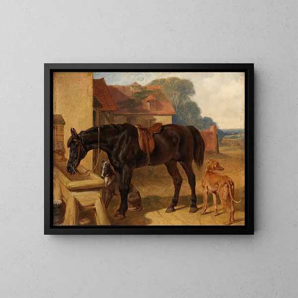 Ein Pferd beim Trinken - John Frederick Herring der Ältere — gerahmtes Bild an der Wand