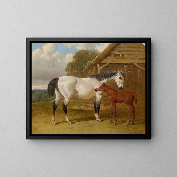 Eine Stute und ihr Fohlen in der Nähe eines Feldschutzhauses - John Frederick Herring der Ältere — gerahmtes Bild an der Wand
