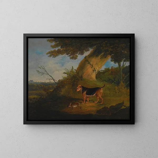 Terrier schwarz und Feuer mit einem zurückgebrachten Kaninchen - John Frederick Herring der Ältere — gerahmtes Bild an der Wand