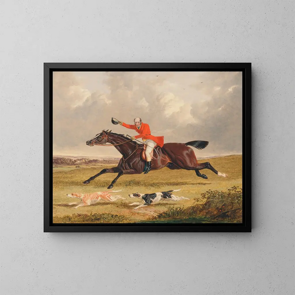 Die Fuchsjagd, die die Hunde ermutigt - John Frederick Herring der Ältere — gerahmtes Bild an der Wand
