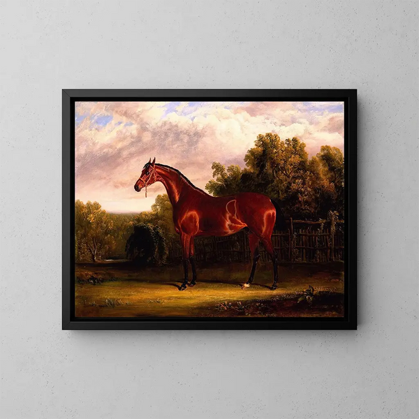 Verhandlungsführer, ein brauner Pferd in einer Landschaft - John Frederick Herring der Ältere — gerahmtes Bild an der Wand