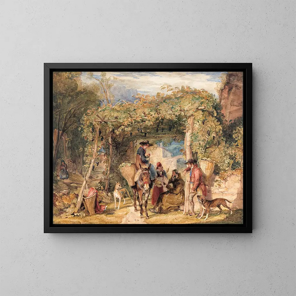 Figuren und Tiere in einem Weinberg - John Frederick Lewis — gerahmtes Bild an der Wand