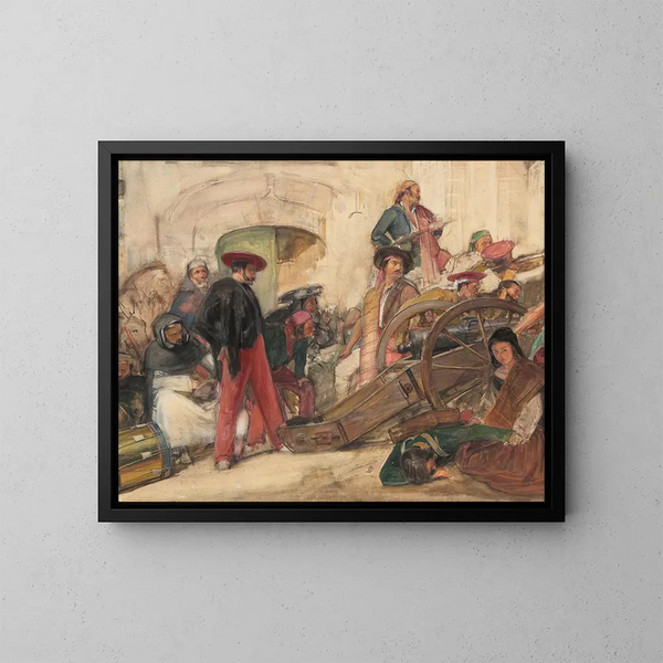 Schlachtenszene spanisch: Die Proklamation von Don Carlos - John Frederick Lewis — gerahmtes Bild an der Wand