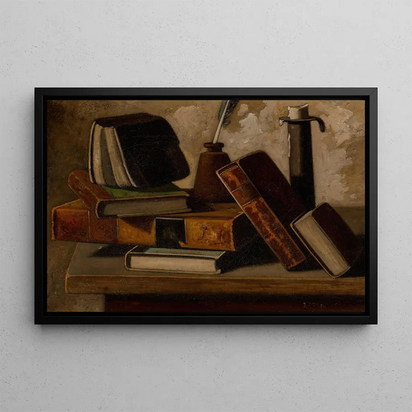 Stillleben mit Büchern, Tintenfass und Kerzenhalter - John Frederick Peto — gerahmtes Bild an der Wand