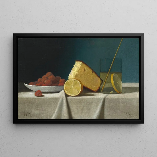 Stillleben mit Kuchen, Zitrone, Erdbeeren und Glas - John Frederick Peto — gerahmtes Bild an der Wand