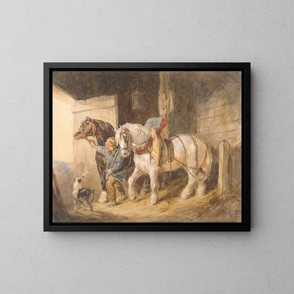 Junge auf dem Bauernhof mit Zugpferden - John Frederick Tayler — gerahmtes Bild an der Wand