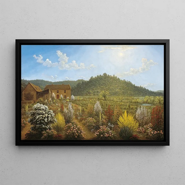 Ansicht des Hauses und des Gartens des Künstlers in Mills Plains, Van Diemen's Land - John Glover — gerahmtes Bild an der Wand