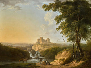 Ein weites Landschaftsgemälde mit Blick auf das Schloss von Chepstow auf einem Hügel in der Ferne - John Inigo Richards — Ansicht des Kunstwerks
