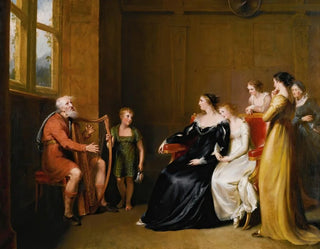 Der singende Minnesänger, der der Herzogin von Buccleuch sein Lied vorsingt, nach Das Lied des letzten Minnesängers von Walter Scott - John James Masquerier — Ansicht des Kunstwerks