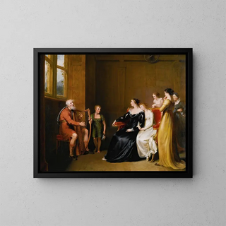 Der singende Minnesänger, der der Herzogin von Buccleuch sein Lied vorsingt, nach Das Lied des letzten Minnesängers von Walter Scott - John James Masquerier — gerahmtes Bild an der Wand