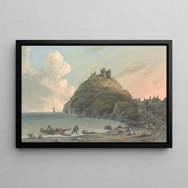 Ruinen des Schlosses Criccieth und Teil der Stadt in der Bucht, Ostansicht von Caernarfonshire - John Warwick Smith — gerahmtes Bild an der Wand