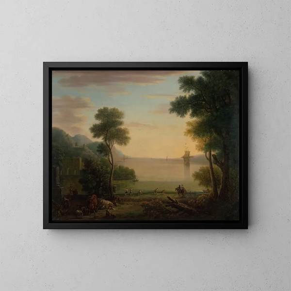 Klassischer Landschafts-Kunstdruck mit Figuren und Tieren bei Sonnenuntergang - John Wootton — gerahmtes Bild an der Wand