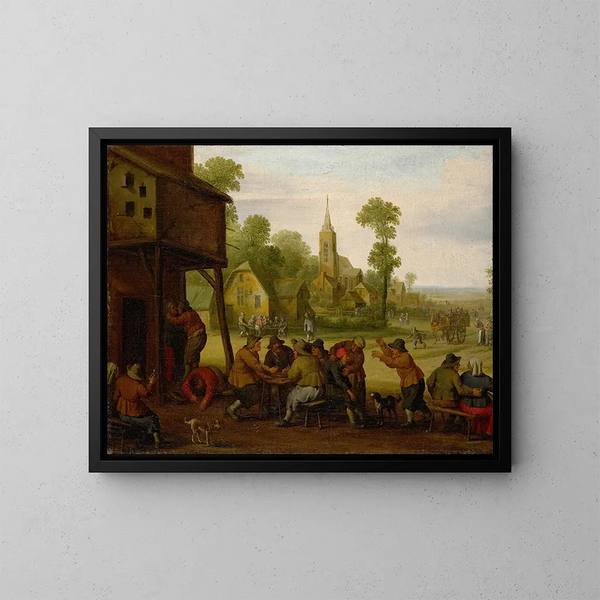 der Bauern beim Festessen vor einer Gaststätte - Joost Cornelisz Droochsloot — gerahmtes Bild an der Wand