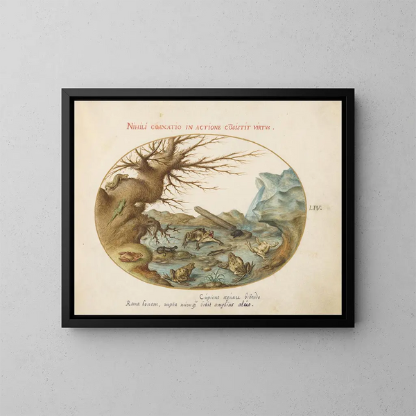 von Joris Hoefnagel - Frösche, Eidechsen und Salamander in einer Landschaft — gerahmtes Bild an der Wand