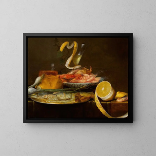 Joris van Son - Tabletop still life including a herring on a pewter dish a porcelain bowl of shrimp a wine glass and a partiallypeeled lemon.webp