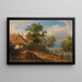 Landschaft mit Reetdachhöfen und dekorativen Figuren - Josef Höger — gerahmtes Bild an der Wand