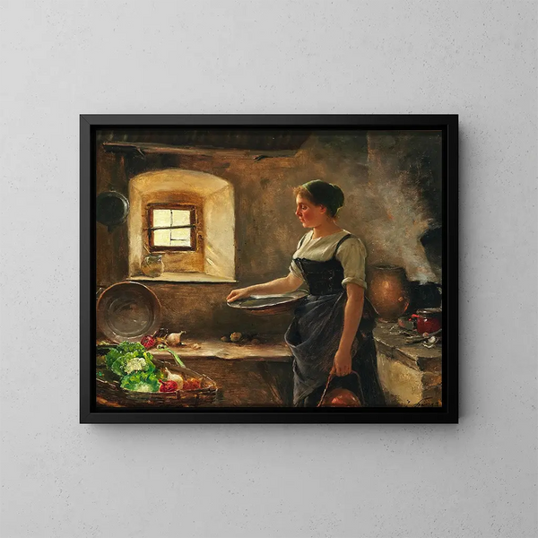 Eine rustikale Küche - Josef Kinzel — gerahmtes Bild an der Wand