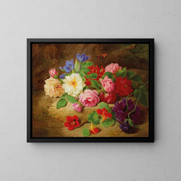 Ein Unterholz mit Rosen und einem Schmetterling - Josef Lauer — gerahmtes Bild an der Wand