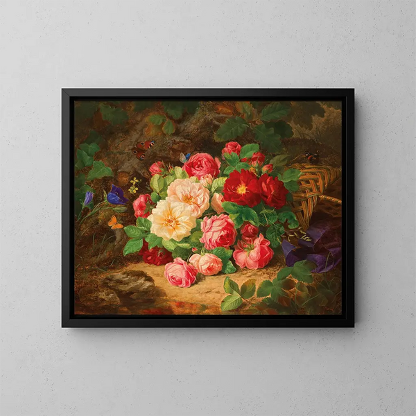 Ein Unterholz mit einem Stillleben aus Rosen und Schmetterlingen - Josef Lauer — gerahmtes Bild an der Wand