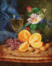 Naturstillleben mit Orangen, einem Weinglas und Kamelien in einer Vase - Josef Lauer — Ansicht des Kunstwerks