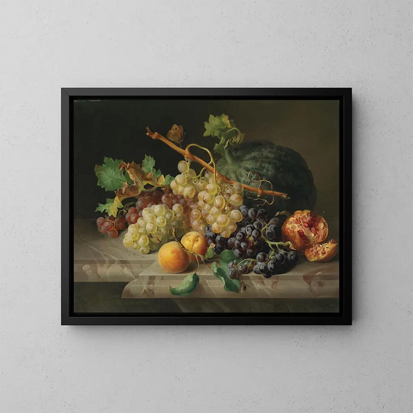 Stillleben mit Granatapfel, Trauben und Melone - Josef Lauer — gerahmtes Bild an der Wand