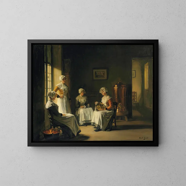Ein Interieur mit Frauen, die Messing polieren - Joseph Bail — gerahmtes Bild an der Wand