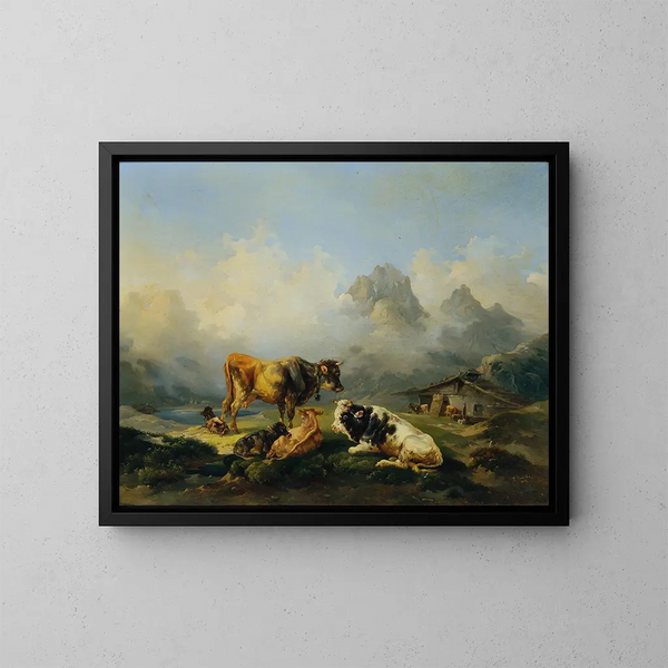 Alpage avec des bovins - Joseph Heicke — gerahmtes Bild an der Wand