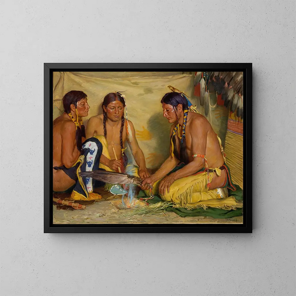 Herstellung der Medizin aus sanften Kräutern, Blackfoot-Zeremonie - Joseph Henry Sharp — gerahmtes Bild an der Wand