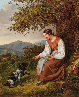 Joseph Lavos - Hirtin bei der Rast mit Hund.webp