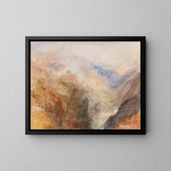 Montjovet gesehen von Saint-Vincent, blickend in Richtung des Aostatals nach Berriaz - Joseph Mallord William Turner — gerahmtes Bild an der Wand