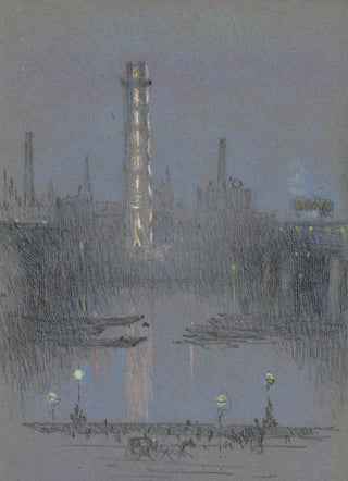 Joseph Pennell - Shot Tower with night lights from Embankment.webp