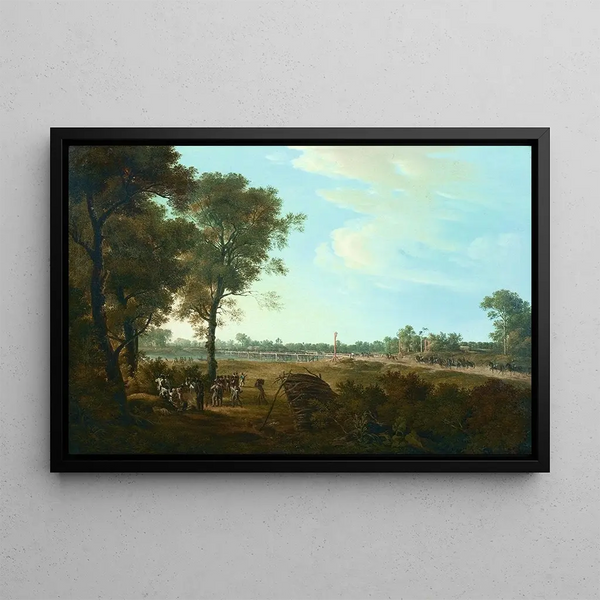 Napoleonische Kriegs-Szene, der Beginn der Brückenkopf bei Lobau - Joseph Rebell — gerahmtes Bild an der Wand