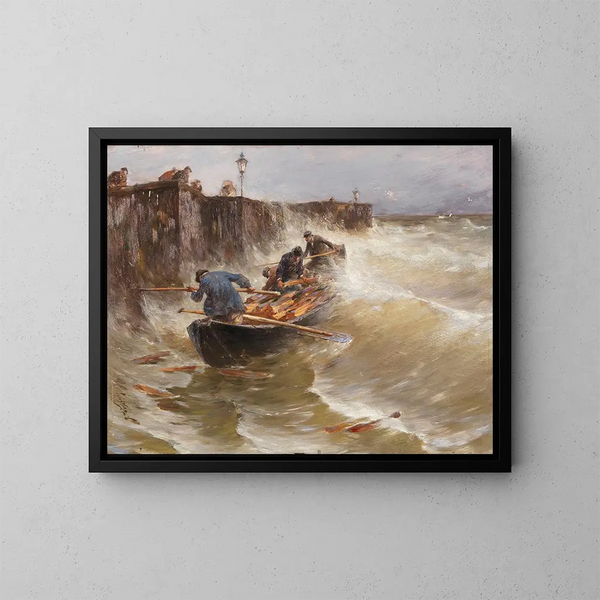 Gefährliche Landung der Holzfischer am Bodensee - Joseph Wopfner — gerahmtes Bild an der Wand