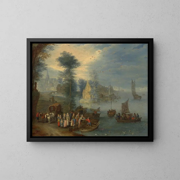 Flusslandschaft mit Figuren - Joseph van Bredael — gerahmtes Bild an der Wand