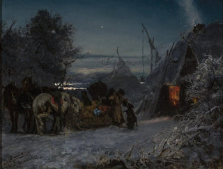 Schlitten vor einer Hütte bei Nacht - Józef Chełmoński — Ansicht des Kunstwerks