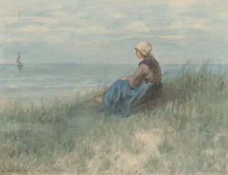 Eine sitzende Frau auf einer Düne, die auf das Meer blickt - Jozef Israëls — Ansicht des Kunstwerks