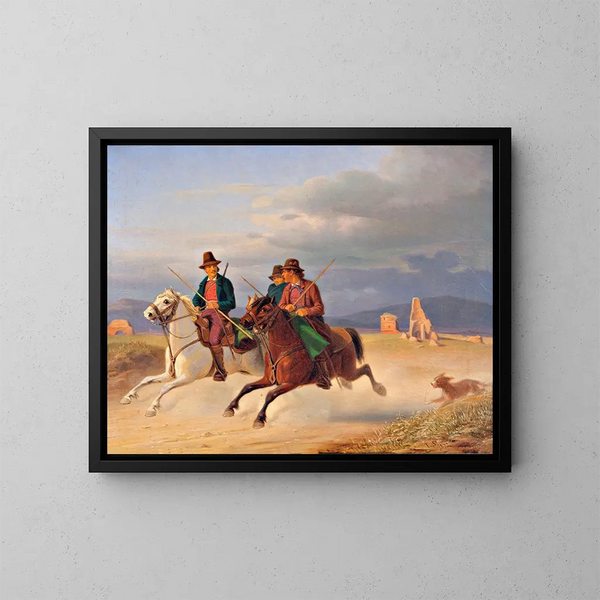 Drei Feldhasen auf Pferden - Jørgen Sonne — gerahmtes Bild an der Wand