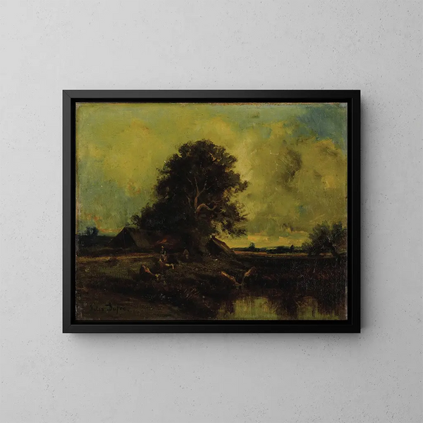 Flusslandschaft mit einem Cottage - Jules Dupré — gerahmtes Bild an der Wand