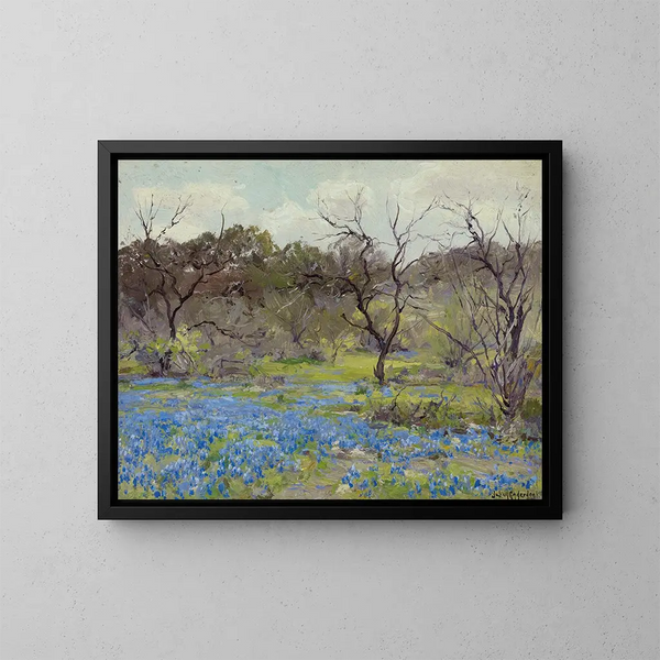Früher Frühling, Bluebonnets und Mesquite - Julian Onderdonk — gerahmtes Bild an der Wand