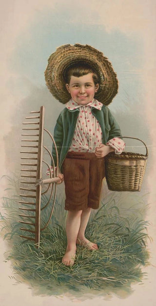 Julius Bien Company - Little boy with straw hat basket and rake.webp