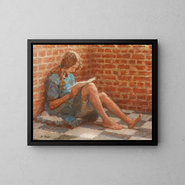 La jeune fille assise près d'un mur de briques - Julius Paulsen — gerahmtes Bild an der Wand