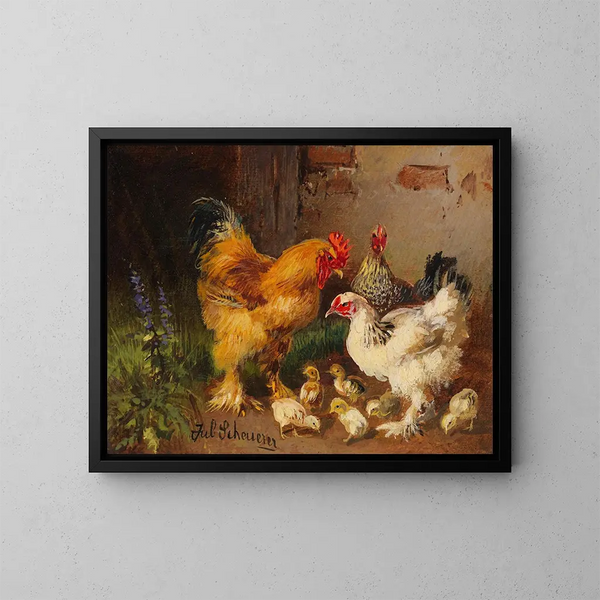 Hühner und Hähne vor der Scheune auf der Wiese - Julius Scheuerer — gerahmtes Bild an der Wand