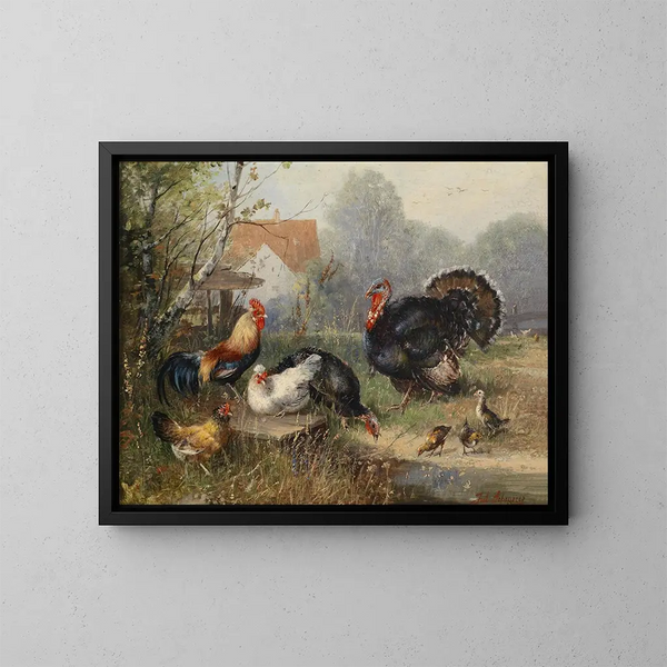 Volaille et un dindon - Julius Scheuerer — gerahmtes Bild an der Wand