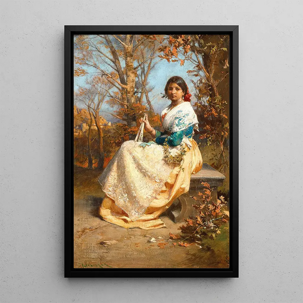 Julius Victor Berger - A Spanish Girl with Fan on a Park Bench.webp
