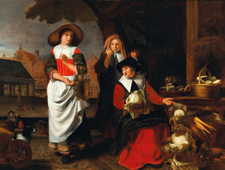 Ein Platz im Dorf mit einer alten Frau, die Gemüse an einem Marktstand verkauft - Justus de Gelder — Ansicht des Kunstwerks
