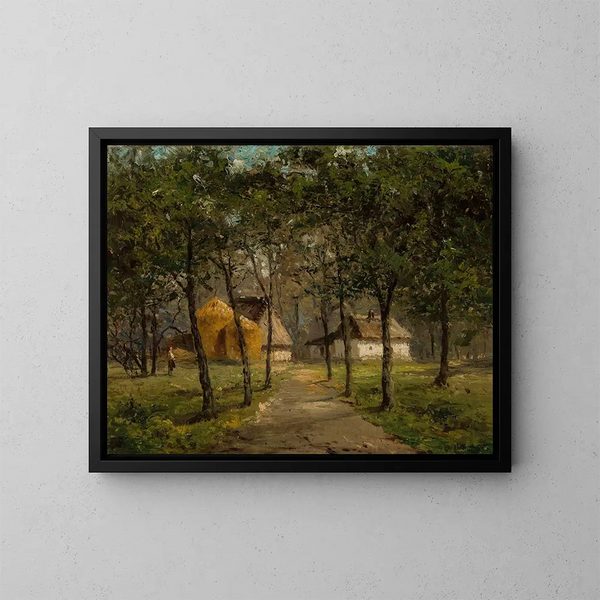 Landschaft mit Häusern zwischen Bäumen - Józef Marszewski — gerahmtes Bild an der Wand